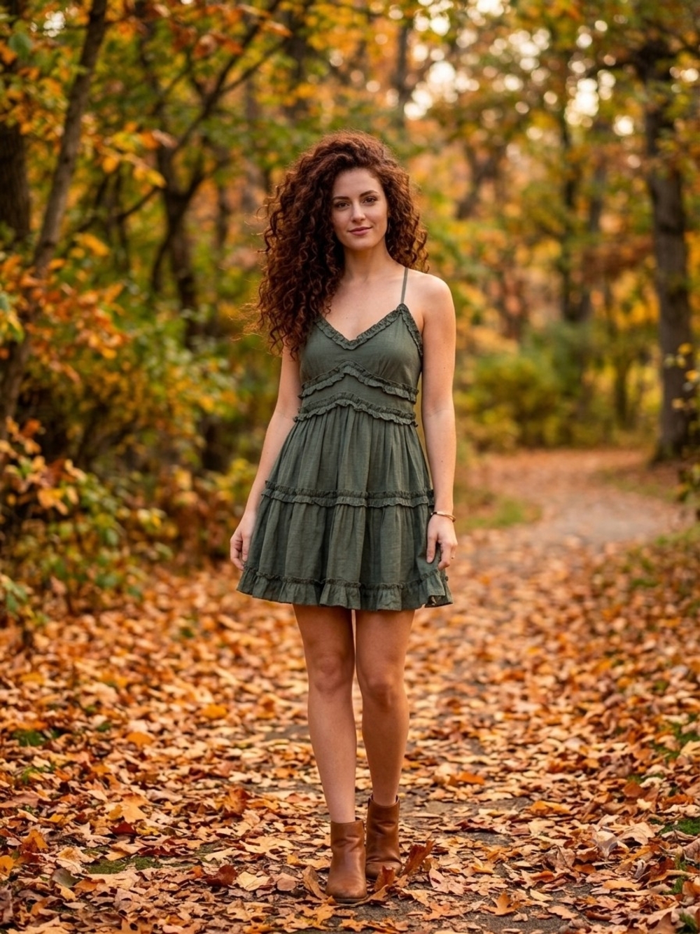 miami Olive Green Ruffle Tiered Spaghetti Strap Mini Dress